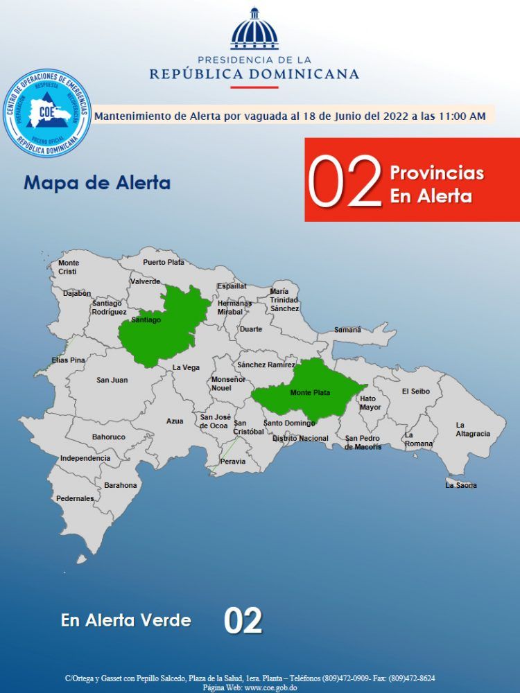 COE disminuye a dos provincias en alerta verde