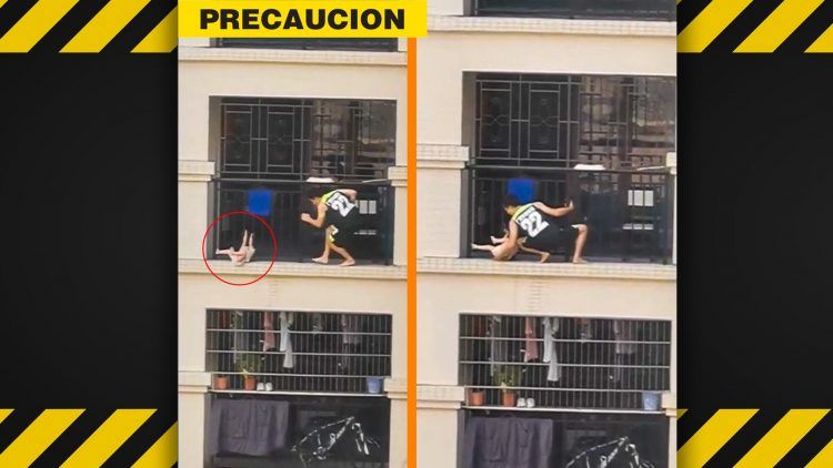 Héroe salva a niño colgando del balcón