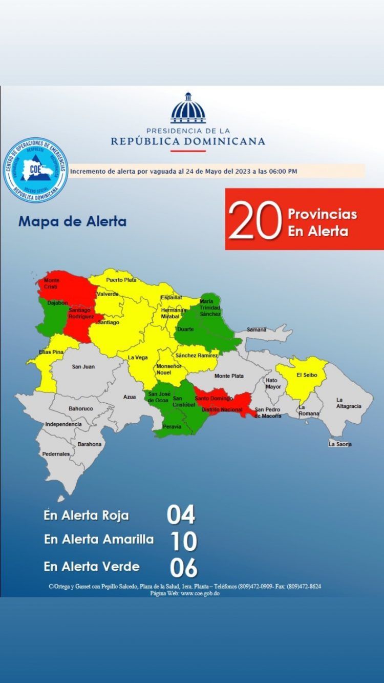 COE aumenta a 21 las provincias en alerta por vaguada