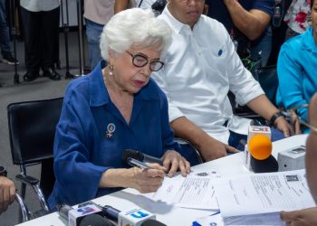 Milagros Ortiz Bosch inscribe precandidatura presidencial de Luis Abinader