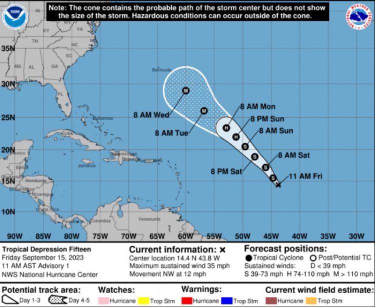 Se forma la depresión tropical número 15 en el centro del Atlántico