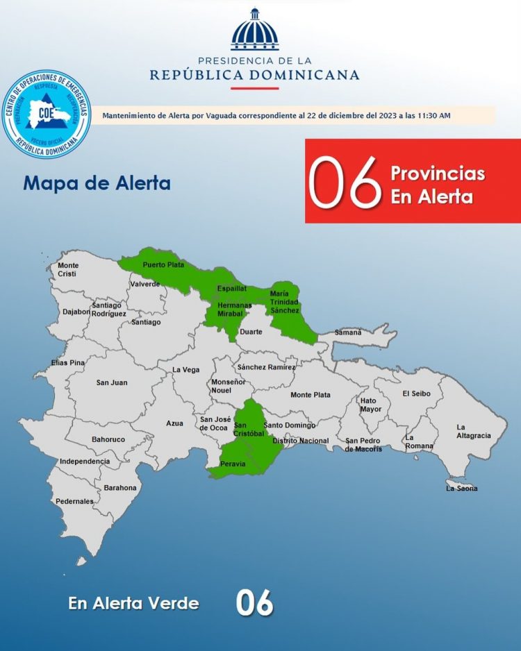 COE disminuye a 6 las provincias en alerta por incidencia de vaguada