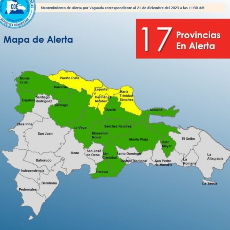 COE mantiene 17 provincias en alerta debido a lluvias por sistema frontal