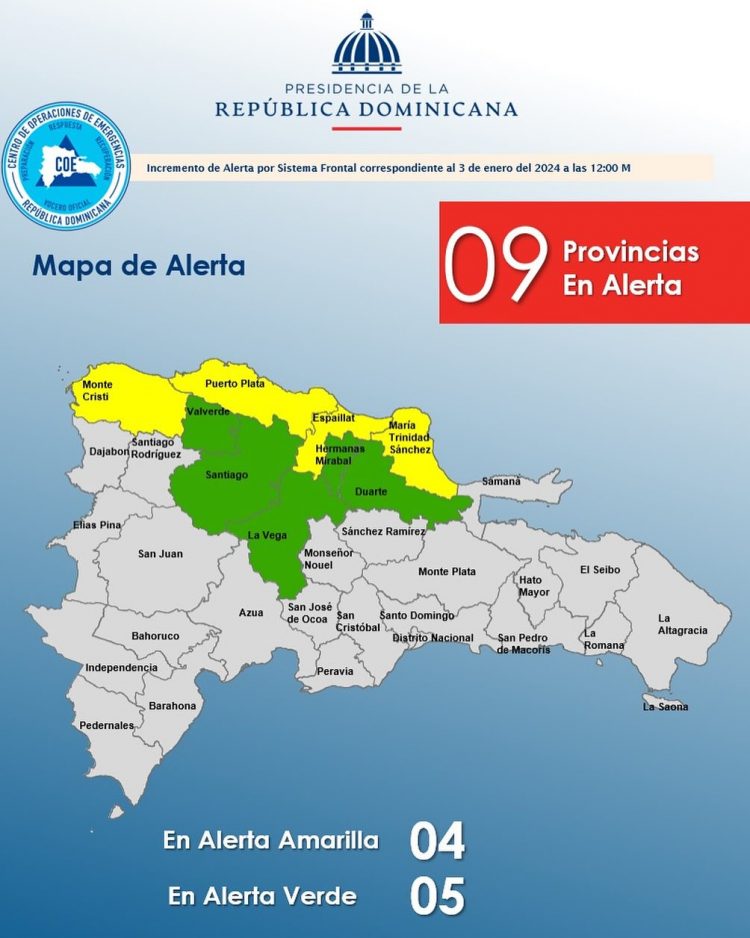 COE aumenta a nueve las provincias en alerta por efectos de sistema frontal
