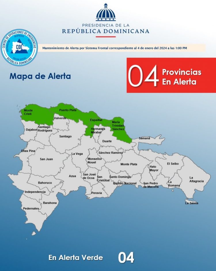 COE disminuye a cuatro las provincias en alerta verde por sistema frontal