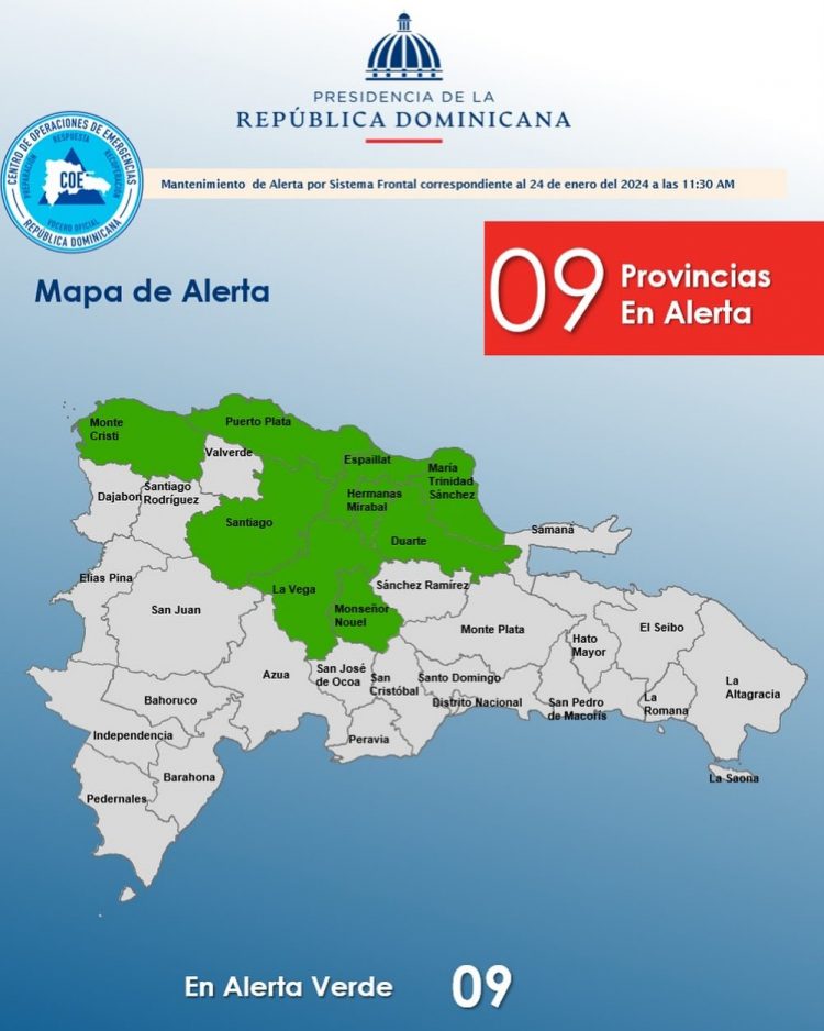 COE mantiene 9 provincias en alerta verde por incidencia de sistema frontal