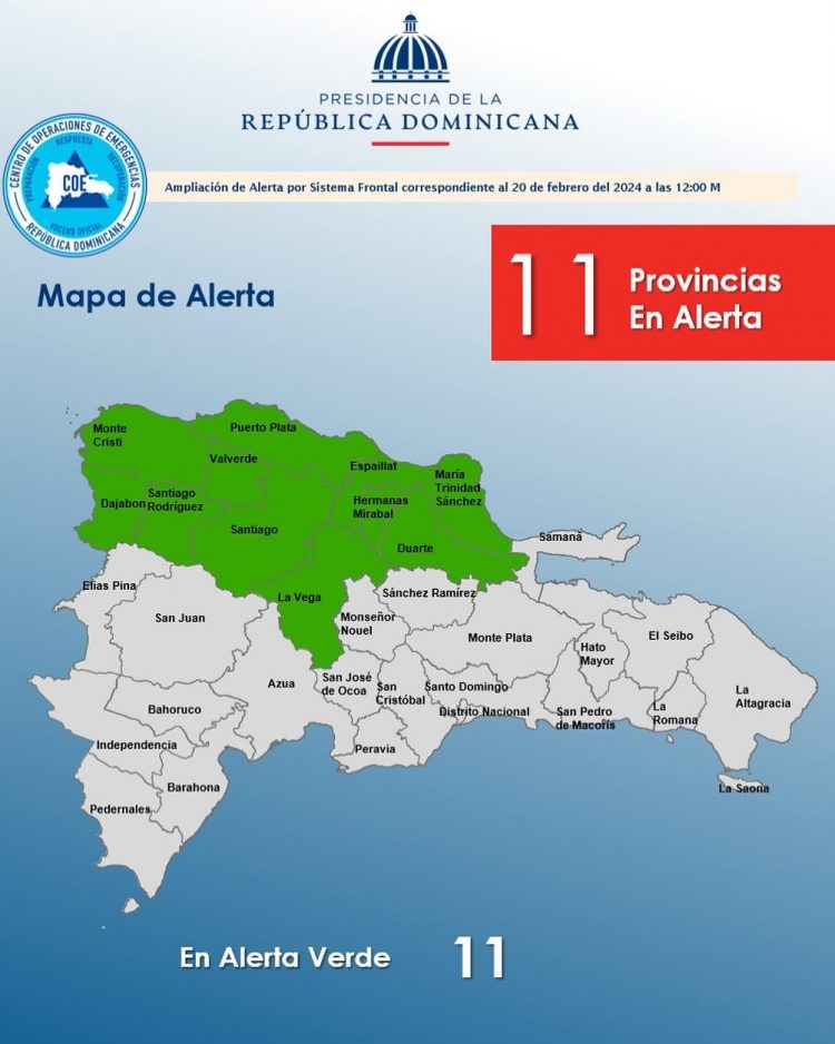 COE eleva a 11 las provincias en alerta verde por incidencia de sistema frontal