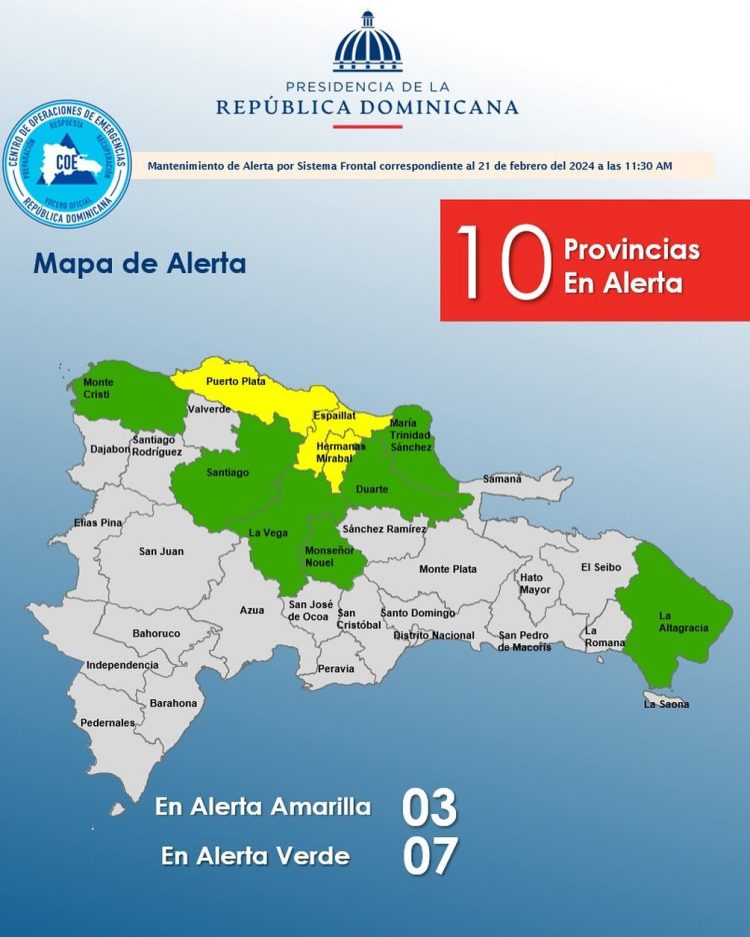 COE mantiene 10 provincias en alerta por efectos de sistema frontal
