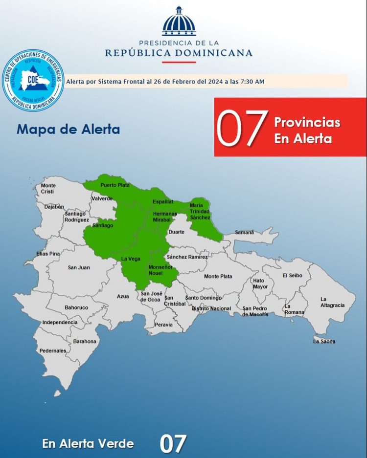COE coloca siete provincias en alerta verde por incidencia de un sistema frontal