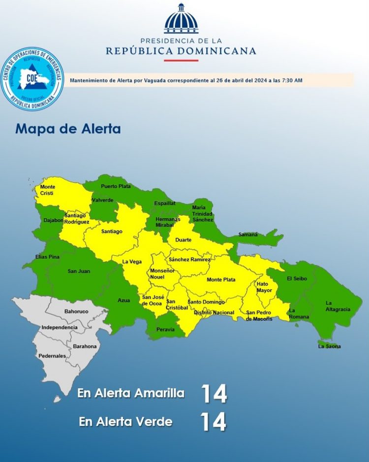 COE mantiene 28 provincias en alerta por incidencia de vaguada