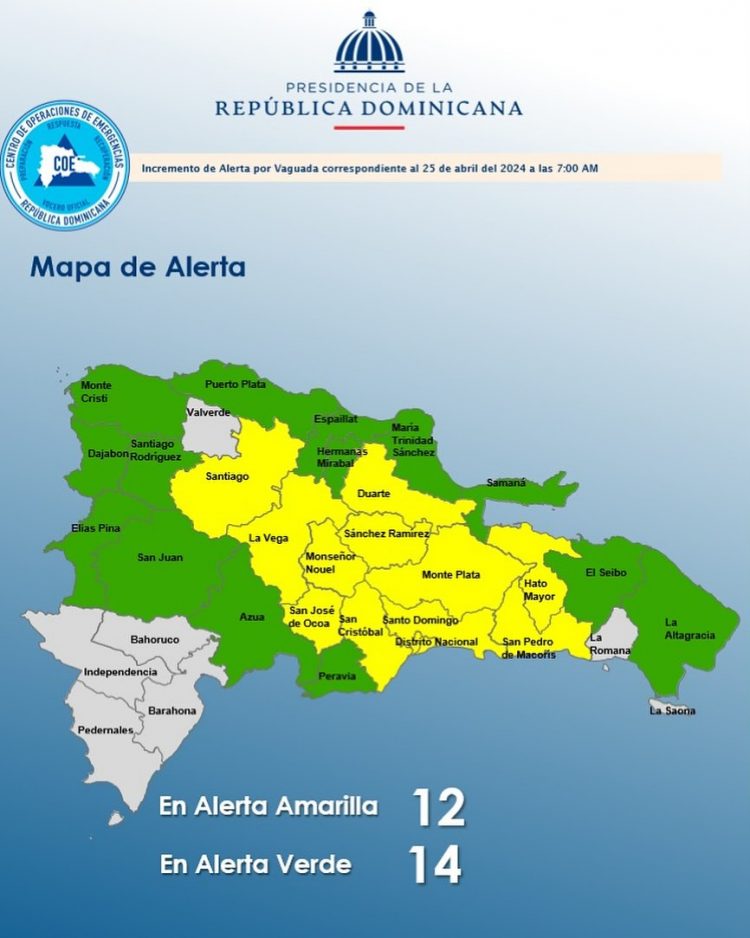 COE mantiene 26 provincias en alerta por incidencia de una vaguada