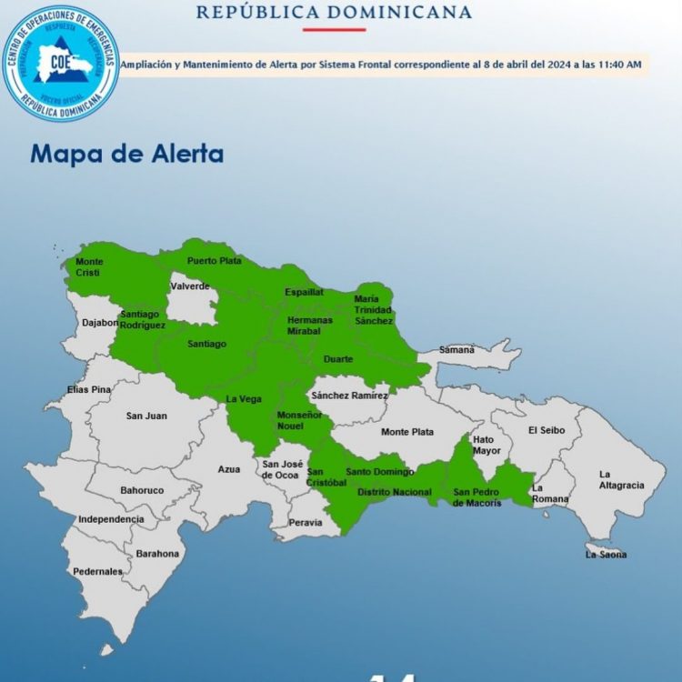 COE eleva a 14 las provincias en alerta por efectos de un sistema frontal