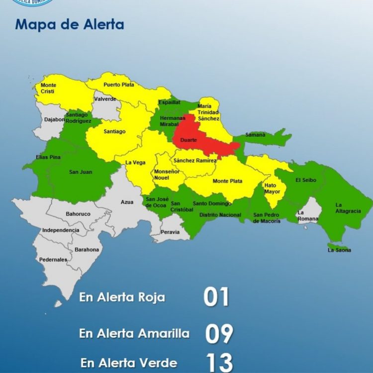 COE mantiene una provincias en alerta roja, 9 en amarilla y 13 en verde
