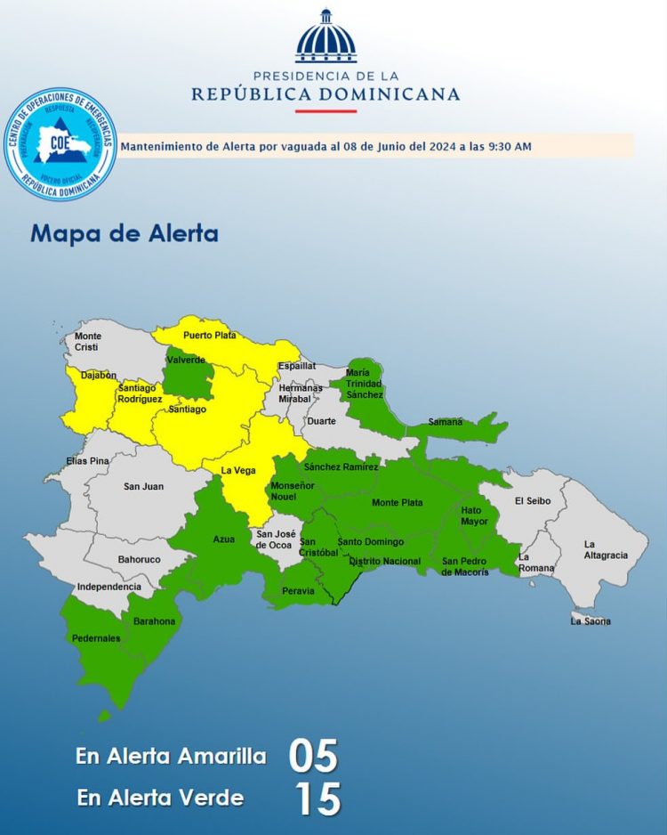 COE disminuye a 5 las provincias en alerta amarilla y mantiene 15 en verde