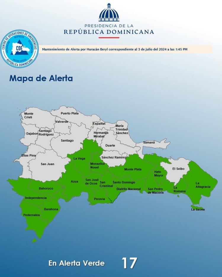 COE mantiene 17 provincias en alerta verde y descontinúa aviso de condiciones de tormenta