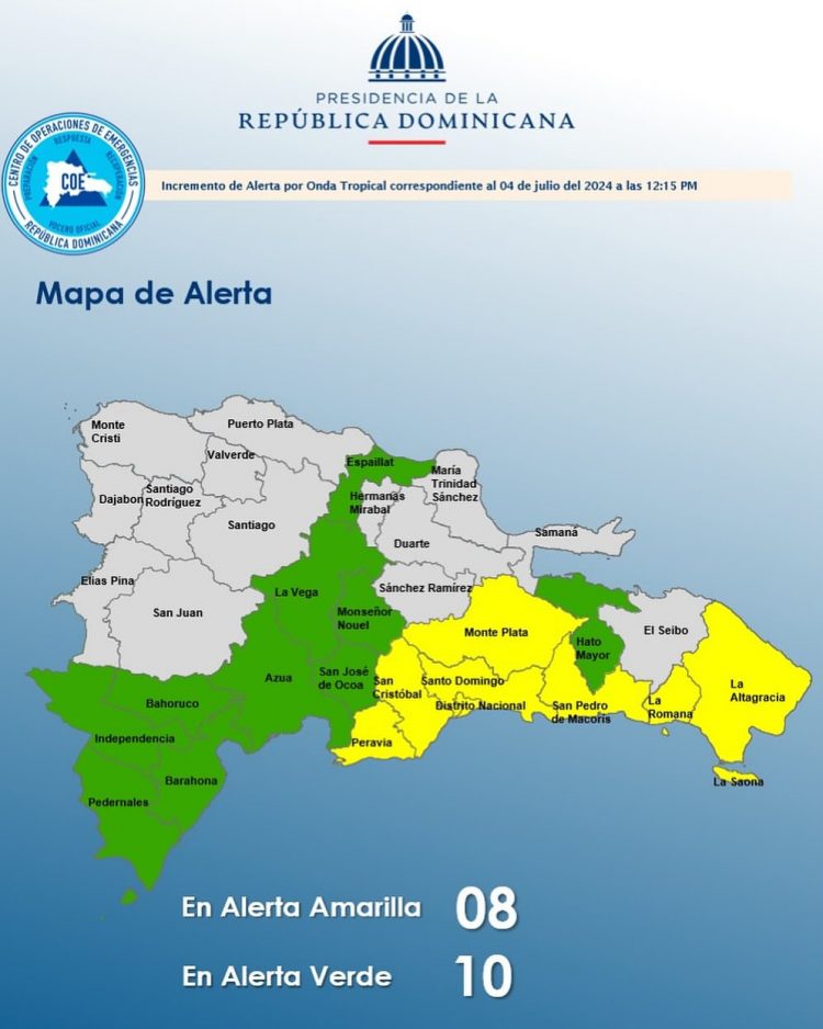 COE coloca 8 provincias en alerta amarilla y mantiene 10 en verde por onda tropical