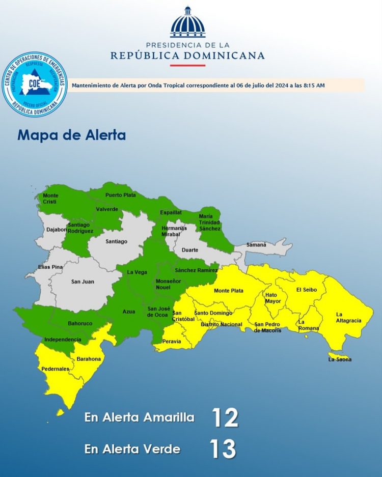 COE mantiene 12 provincias en alerta amarilla y 13 en verde por lluvias