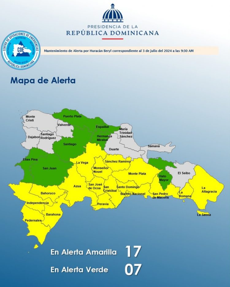 COE aumenta a 17 las provincias en alerta amarilla y mantiene 7 en verde