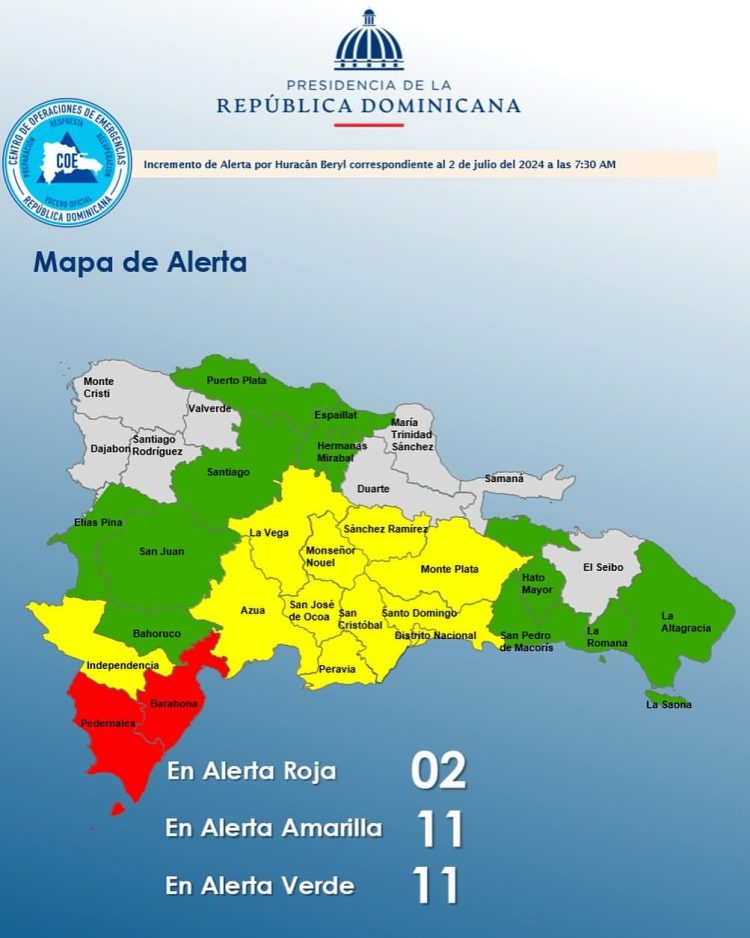 COE aumenta a 24 las provincias en alerta por efectos del huracán Beryl