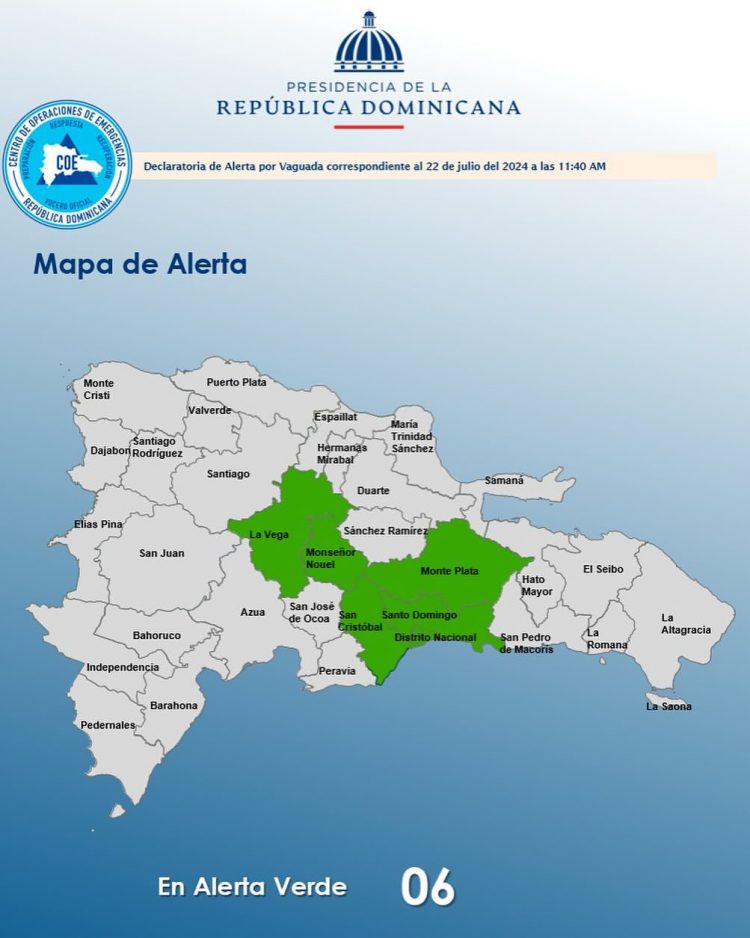 COE emite alerta verde para seis provincias por efectos de vaguada