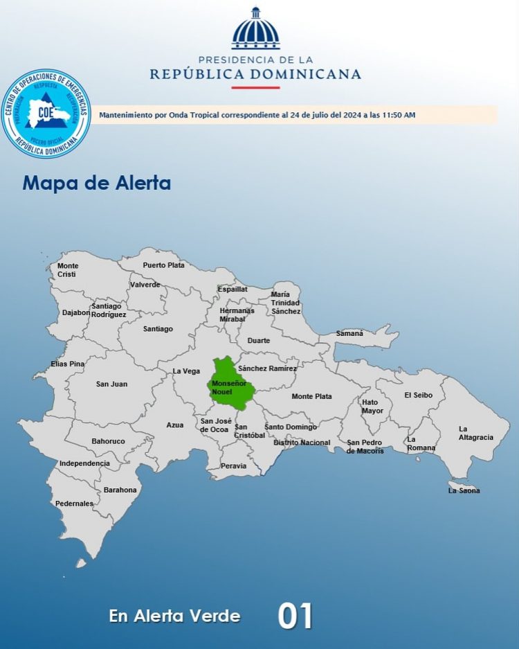 COE mantiene la provincia Monseñor Nouel en alerta verde por lluvias