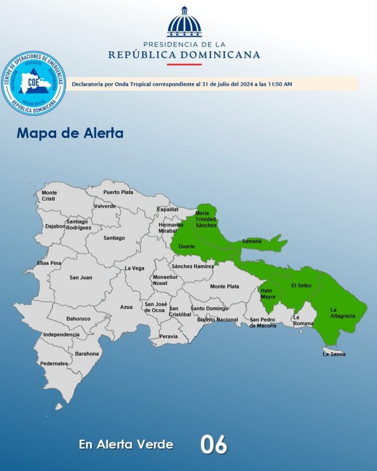 COE coloca 6 provincias en alerta verde por incidencia de onda tropical y vaguada