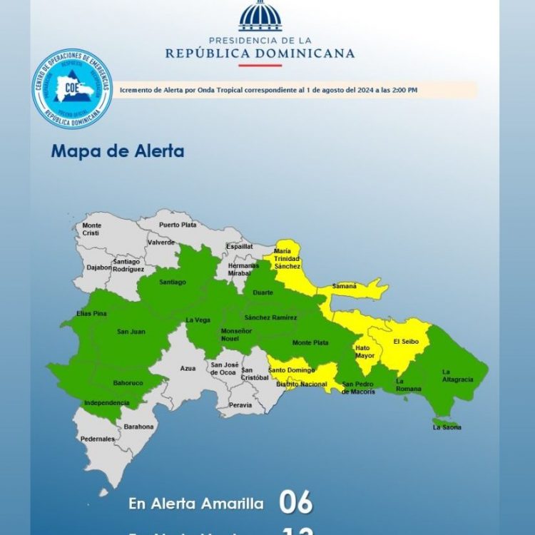 COE aumenta a 6 las provincias en alerta amarilla y mantiene 13 en alerta verde