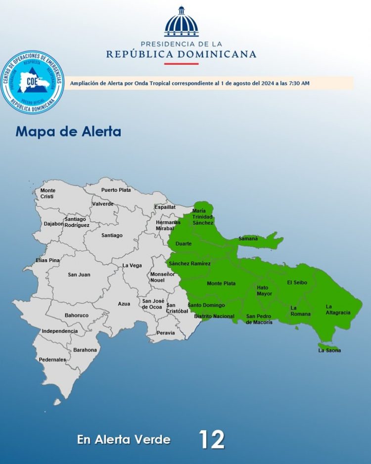 COE eleva a 12 las provincias en alerta verde por onda tropical y vaguada