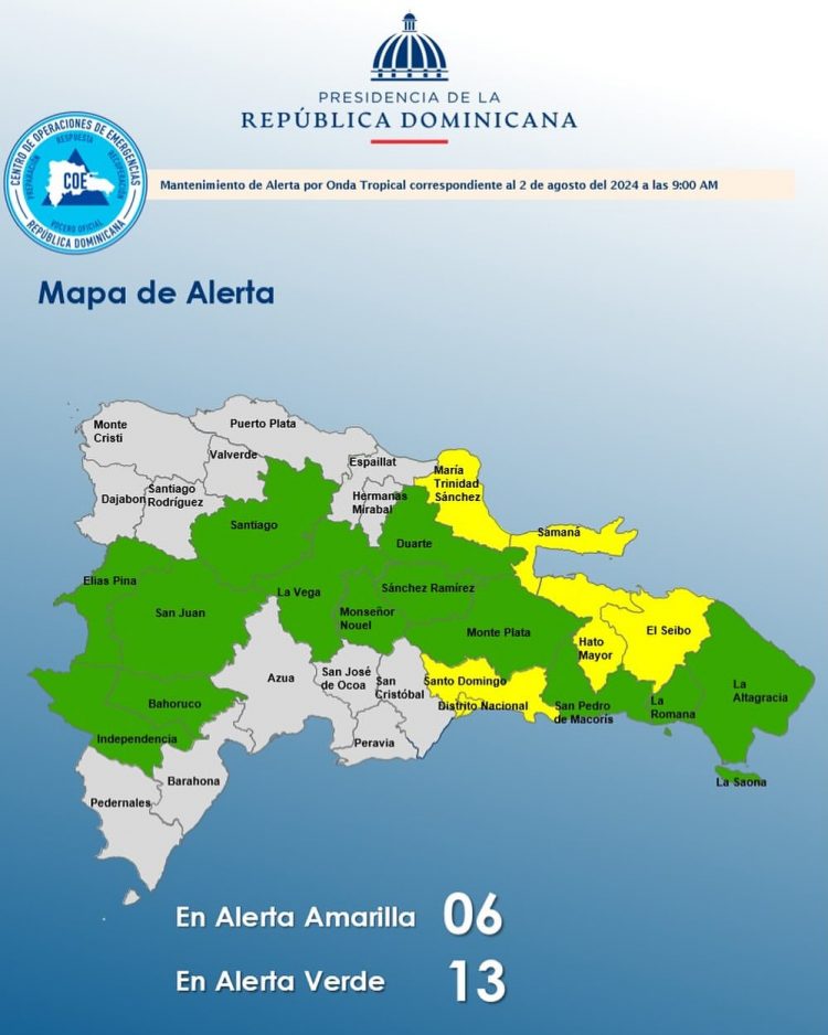 COE mantiene 6 provincias en alerta amarilla y 13 en verde por lluvias