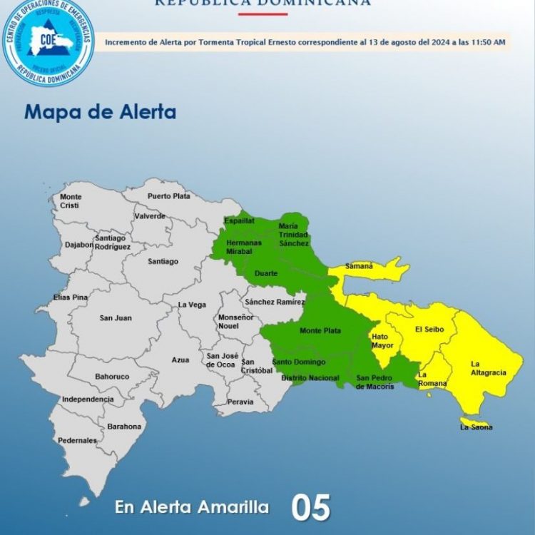 COE coloca 5 provincias en alerta amarilla por efectos de la tormenta tropical Ernesto