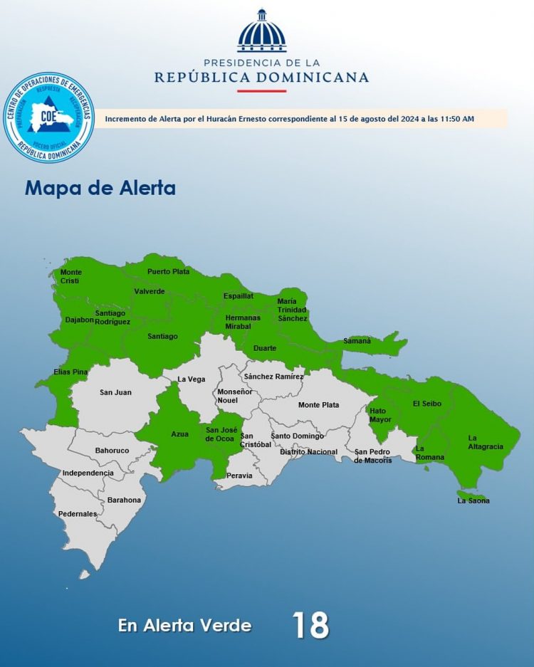 COE mantiene 18 provincias en alerta verde por incidencia de vaguada