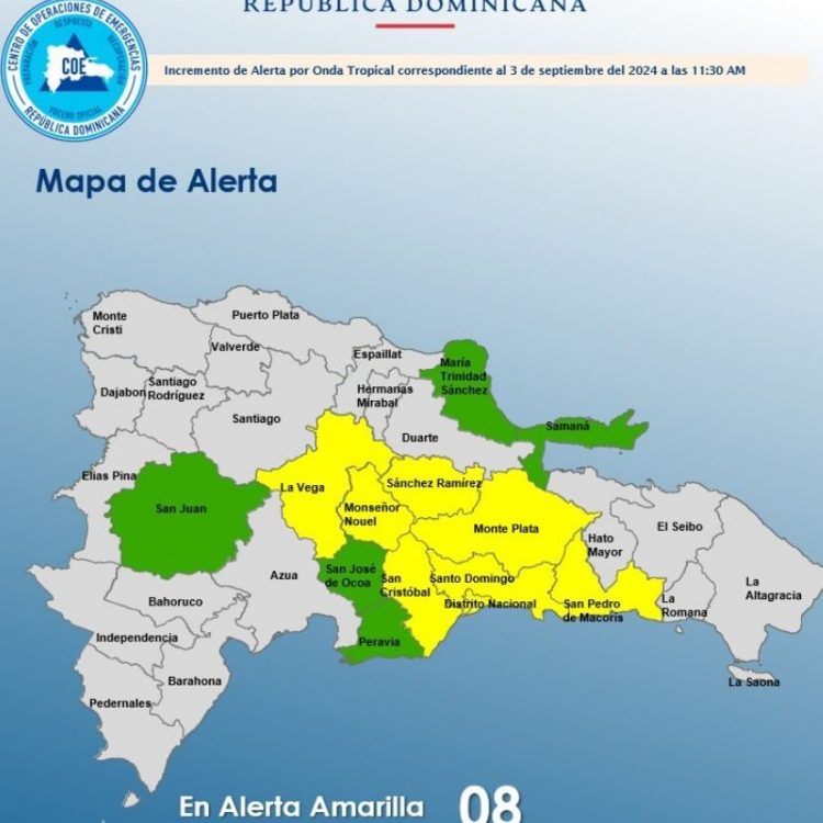 COE aumenta a 8 las provincias en alerta amarilla y mantiene 5 en verde