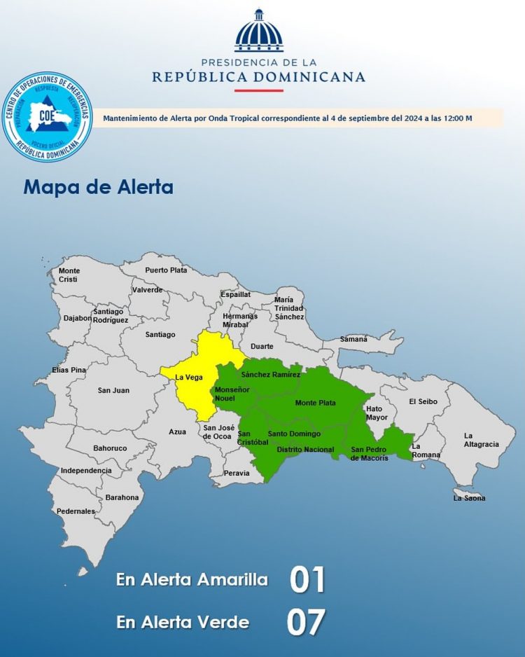 COE mantiene ocho provincias en alerta por incidencia de vaguada