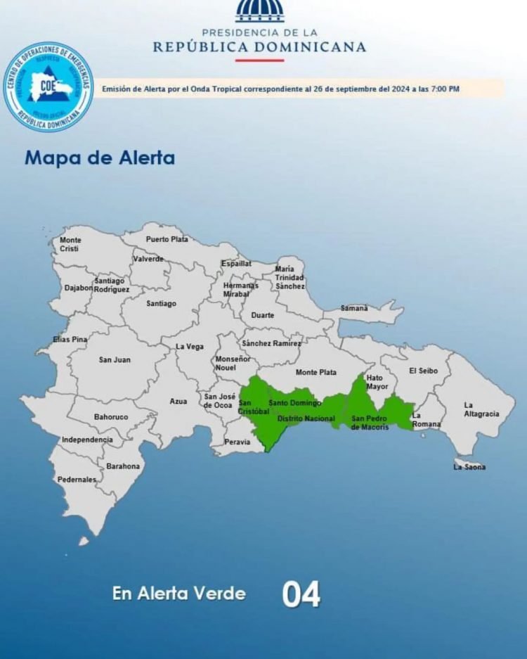 COE coloca cuatro provincias en alerta verde por vaguada
