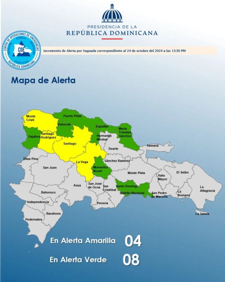 COE coloca cuatro provincias en alerta amarilla y mantiene ocho en verde