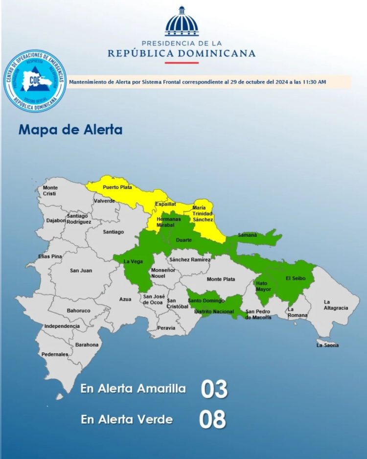 COE mantiene tres provincias en alerta amarilla y ocho en verde por lluvias