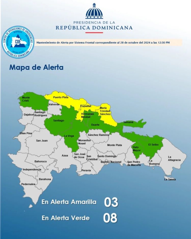 COE aumenta a tres las provincias en alerta amarilla y mantiene ocho en verde