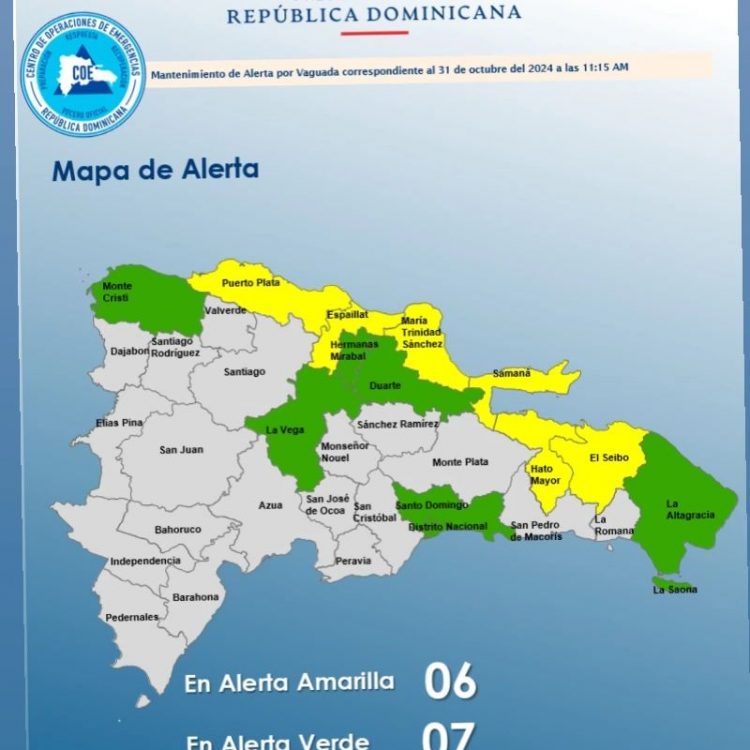 COE mantiene seis provincias en alerta amarilla y siete en verde por lluvias