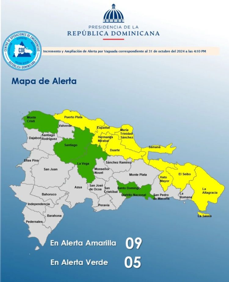 COE mantiene 14 provincias en alerta por incidencia de vaguada