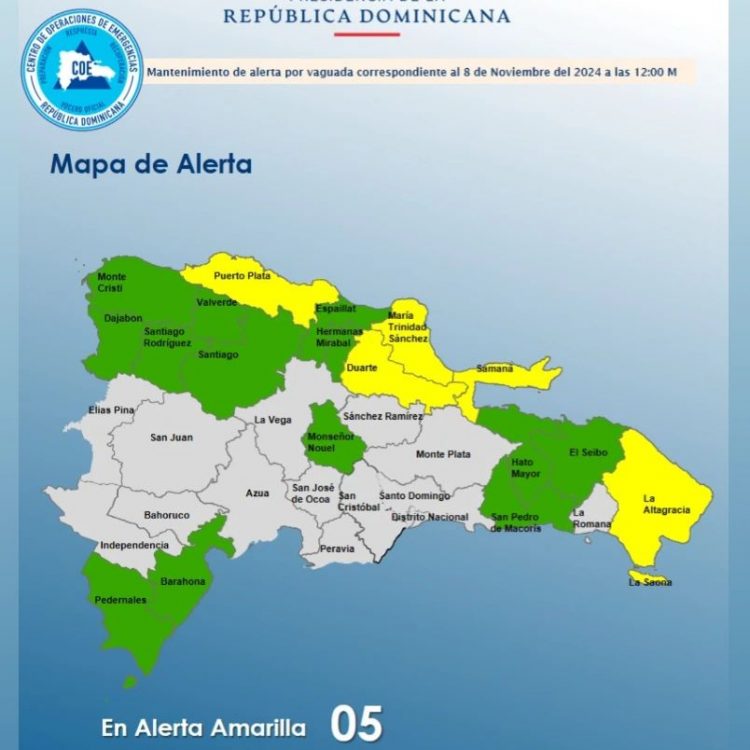 COE mantiene 5 provincias en alerta amarilla y 13 en verde por lluvias