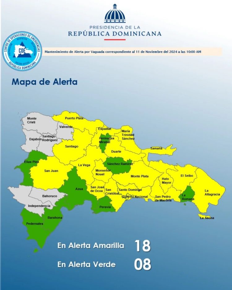 COE mantiene 18 provincias en alerta amarilla y 8 en verde por lluvias