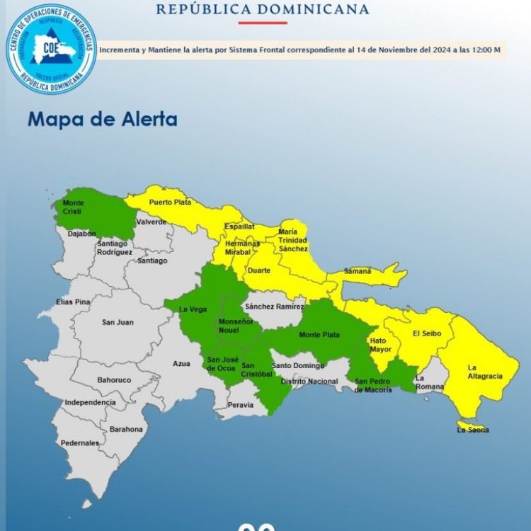COE coloca 9 provincias en alerta amarilla y mantiene 7 en verde