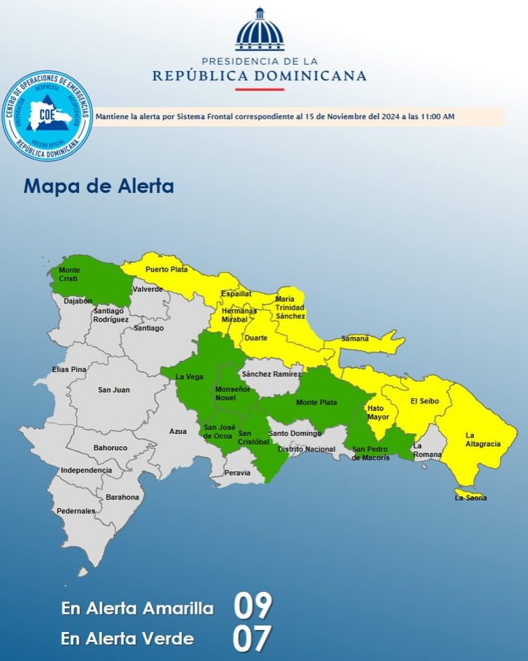 COE mantiene 9 provincias en alerta amarilla y 7 en verde por lluvias