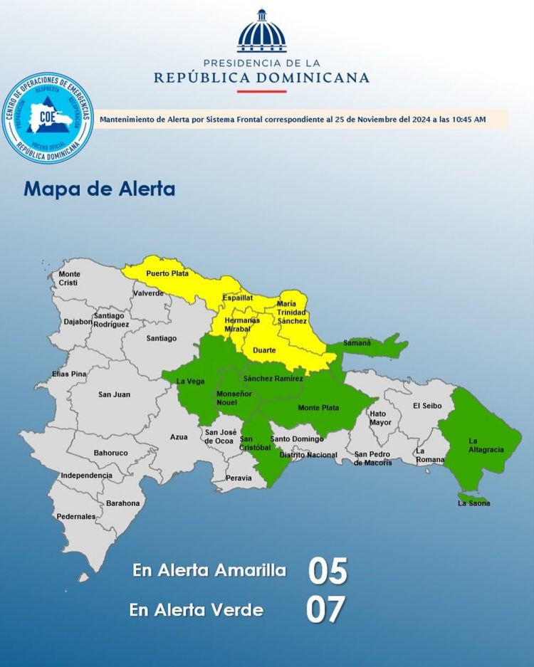 COE mantiene cinco provincias en alerta amarilla y siete en verde por lluvias