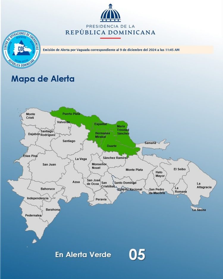 COE coloca cinco provincias en alerta verde por incidencia de vaguada