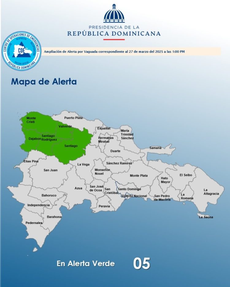 COE eleva a cinco el número de provincias en alerta verde por efectos de vaguada