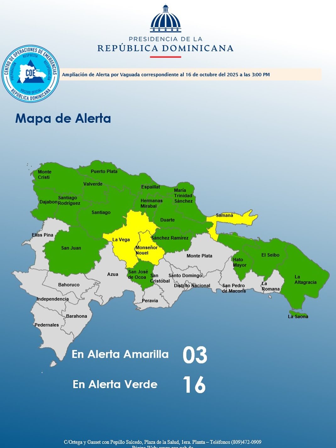 COE eleva a 19 el número de provincias en alerta por lluvias