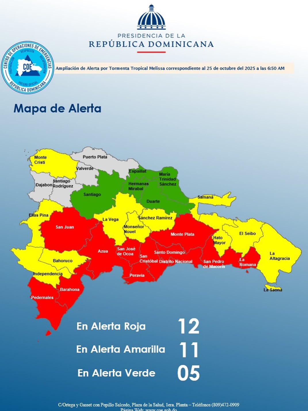 COE aumenta a 28 las provincias en alerta ante el paso de la tormenta Melissa