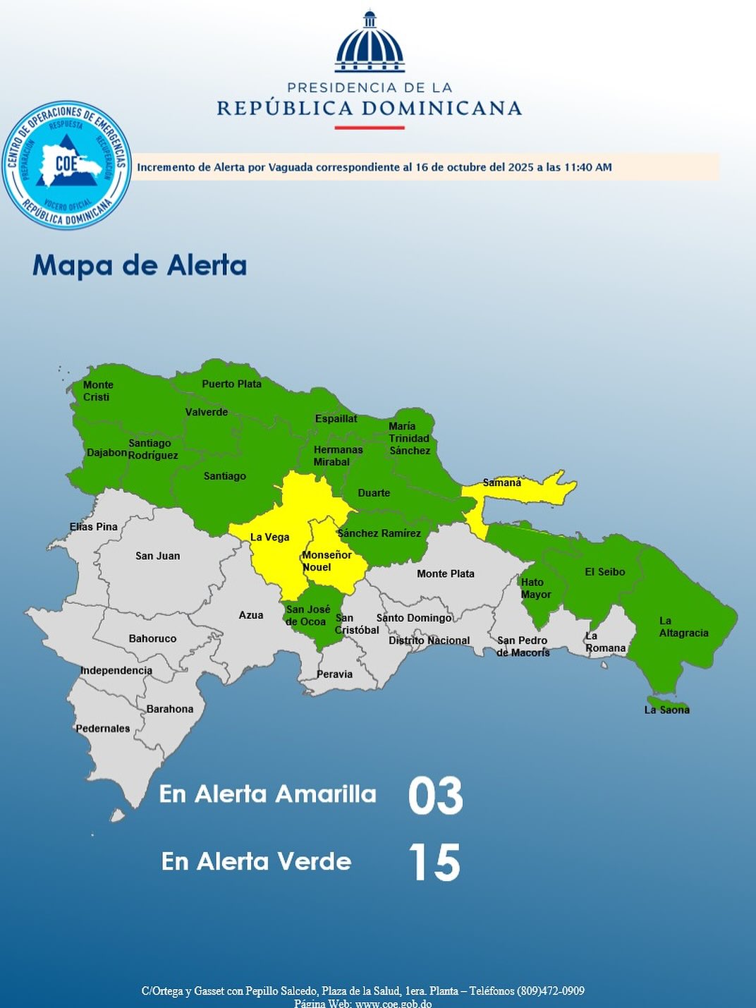 COE eleva a 15 las provincias en alerta verde y coloca 3 en alerta amarilla
