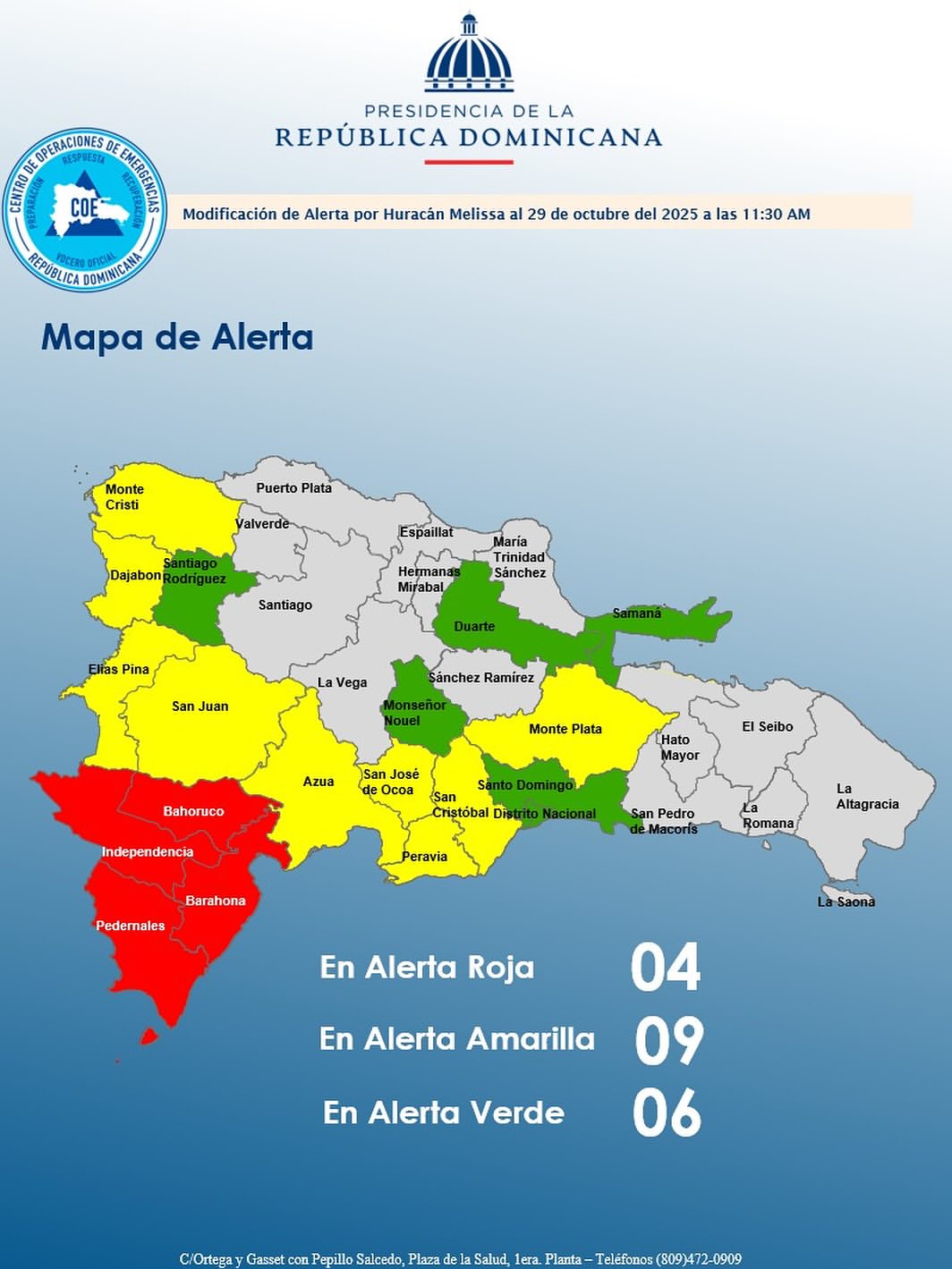 COE disminuye a 19 las provincias en alerta por el huracán Melissa